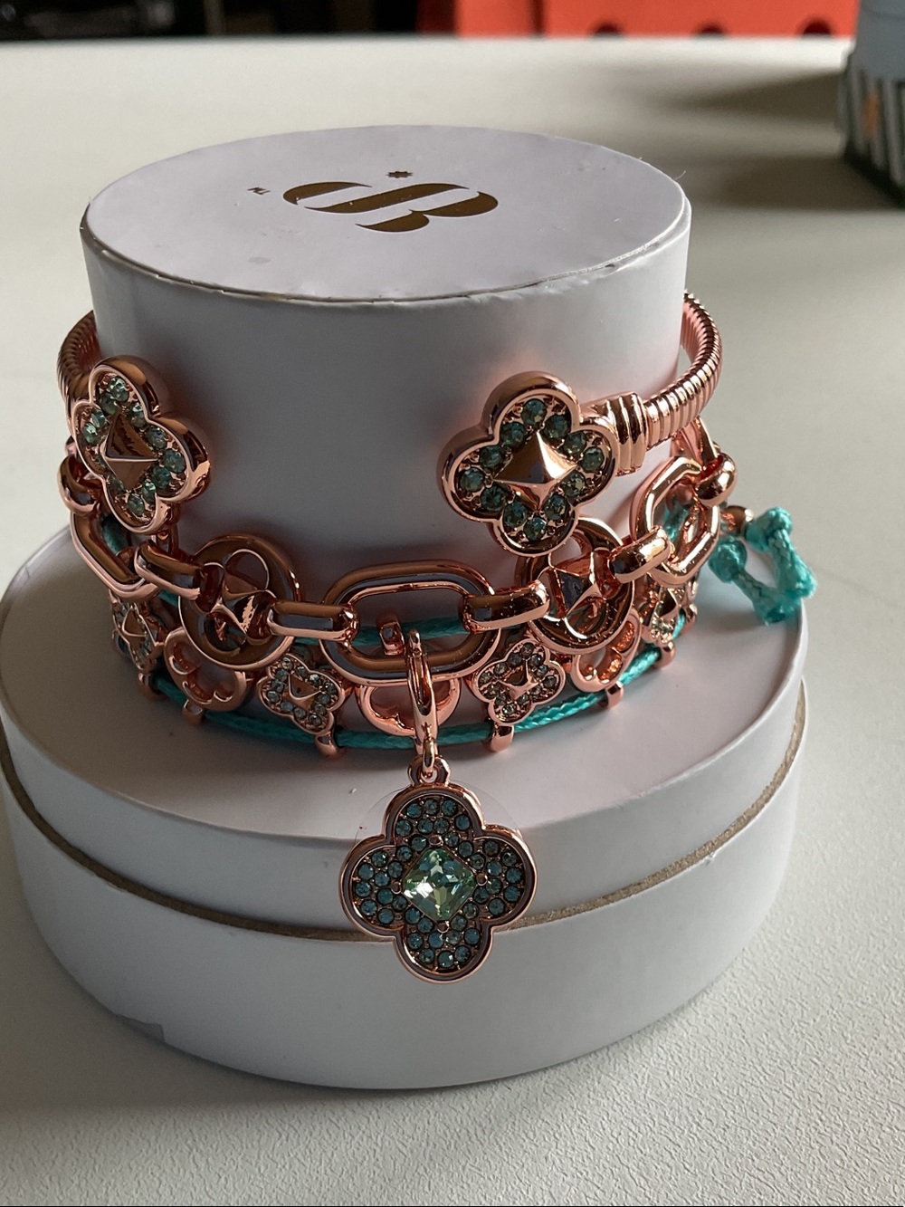 Rose Gold & Aqua Clover Charm Bracelet Set